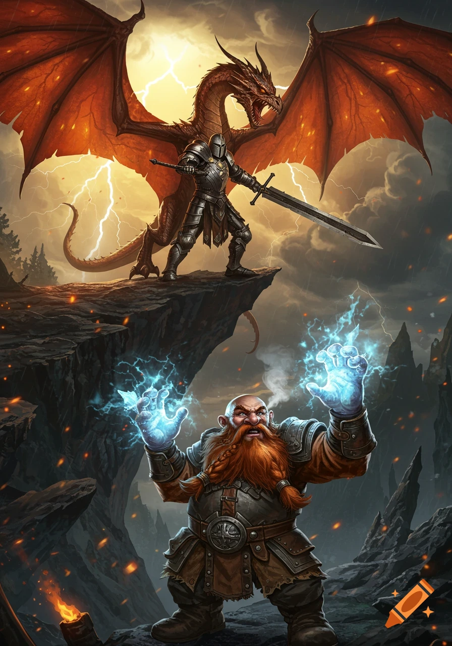 A knight and a red dragon on a stormy cliff face a magic-wielding dwarf casting blue spells below.
