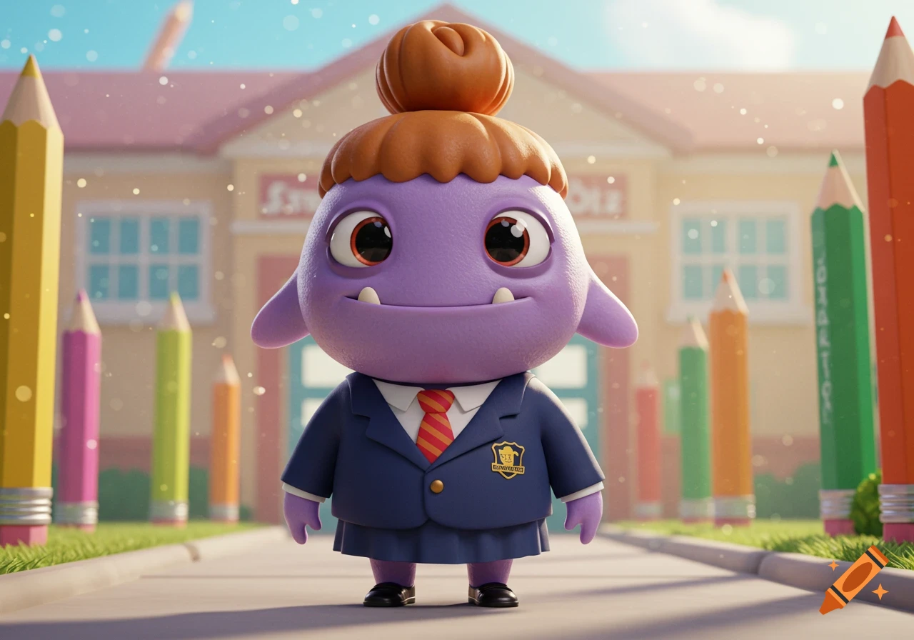 A cute purple monster with a brown bun, wearing a school uniform, stands on a path in front of a school building with large colorful pencils.