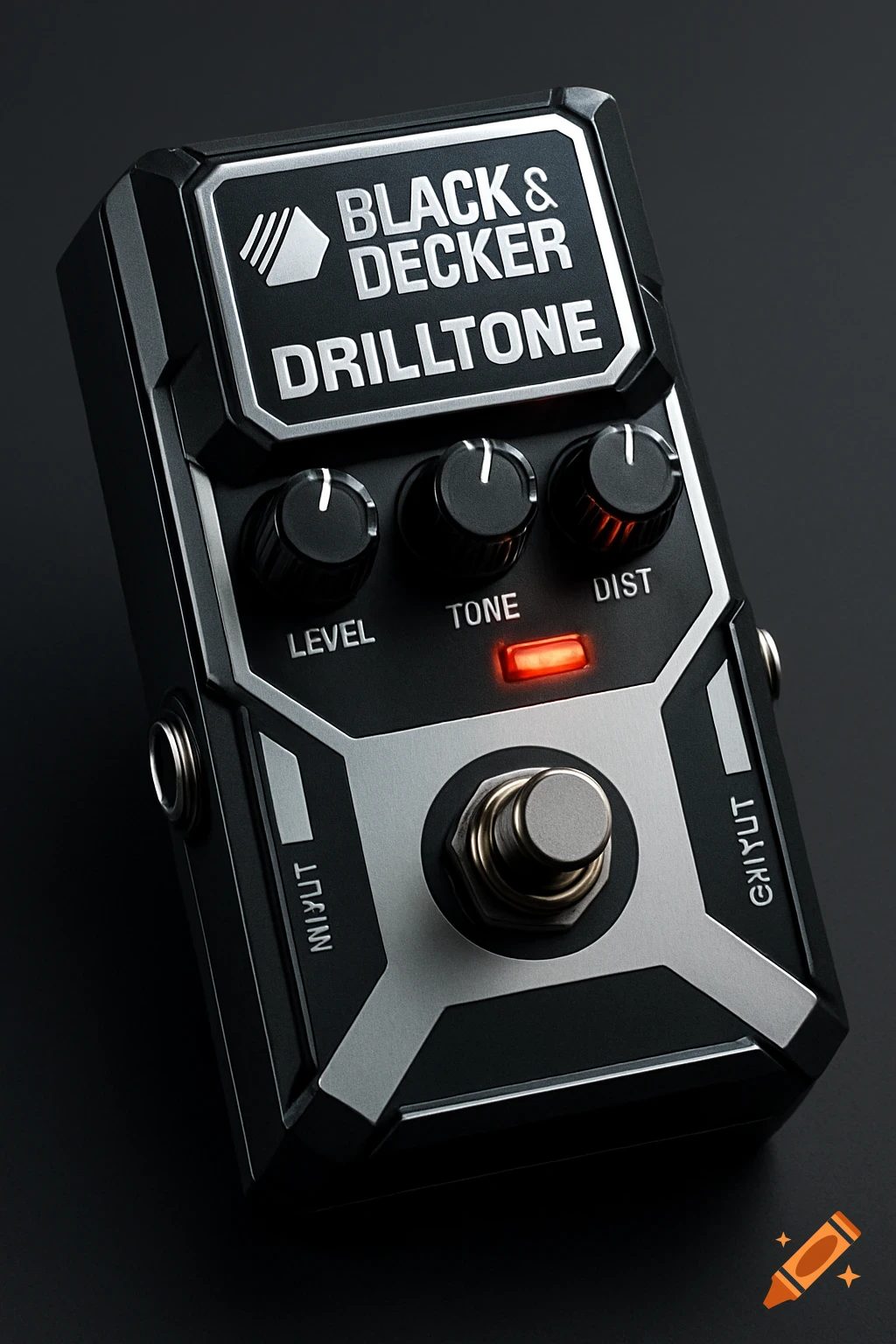 A black and silver guitar pedal with three control knobs, a footswitch, a red LED, and "BLACK & DECKER DRILLTONE" text.