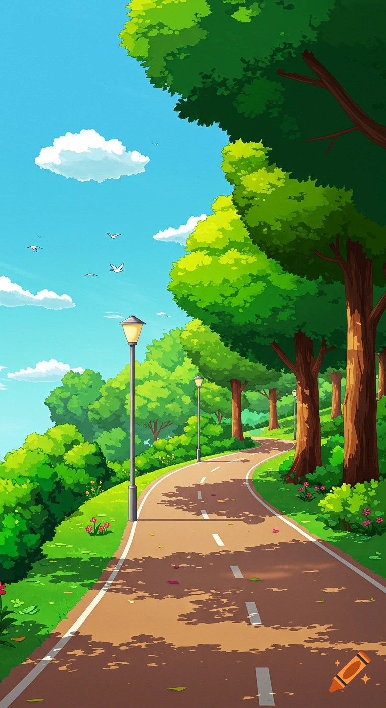 A vibrant cartoon landscape of a winding paved path through a green park with tall trees under a blue sky.