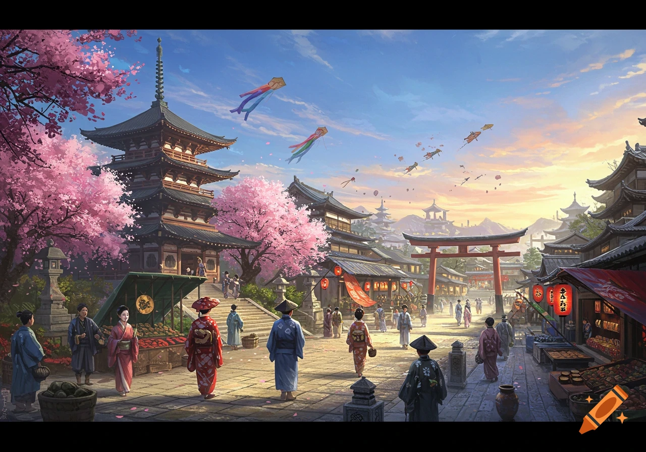 Vibrant traditional Japanese townscape with cherry blossoms, temples, market, people in kimonos, and kites flying at sunset.