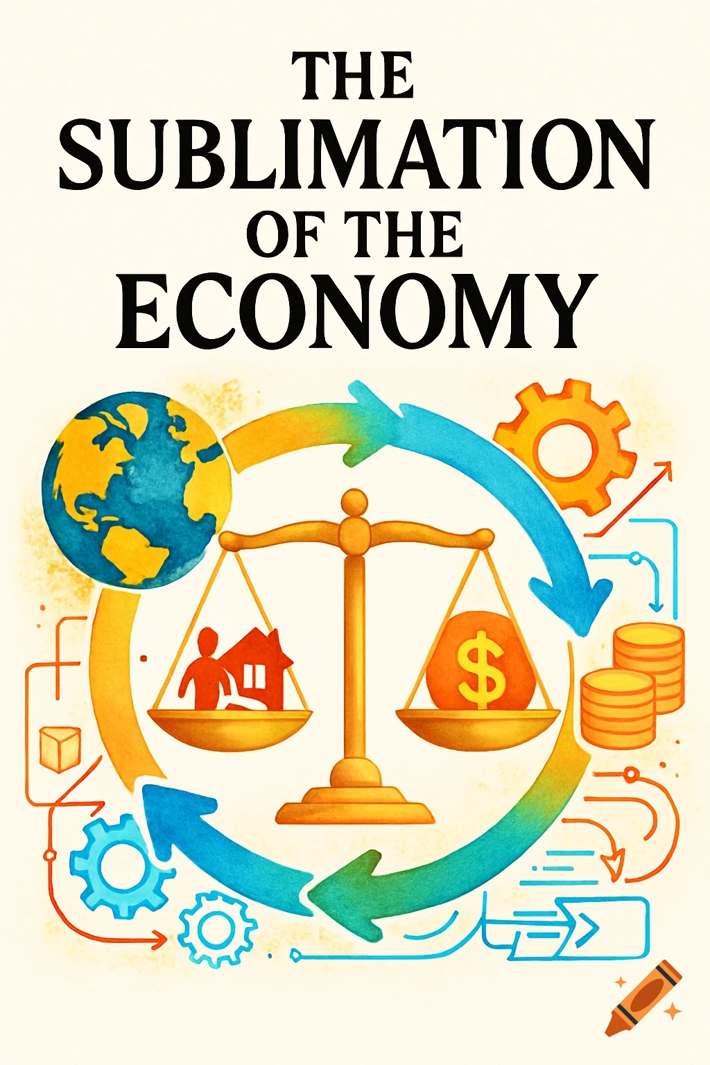 A colorful illustration titled 'THE SUBLIMATION OF THE ECONOMY,' showing a globe, scales with a house/person and money, gears, and arrows.