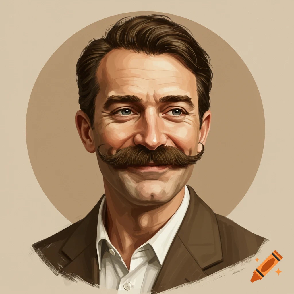 Stylized portrait of a smiling man with a prominent brown handlebar mustache, wearing a suit jacket.