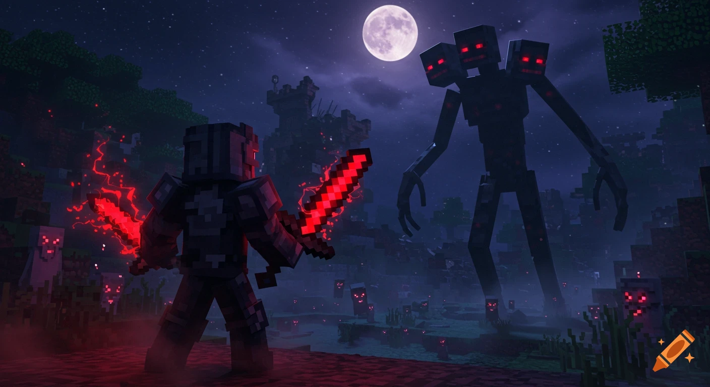 Minecraft knight with a glowing red sword battles a giant Wither monster and smaller enemies under a full moon in a dark fantasy setting.
