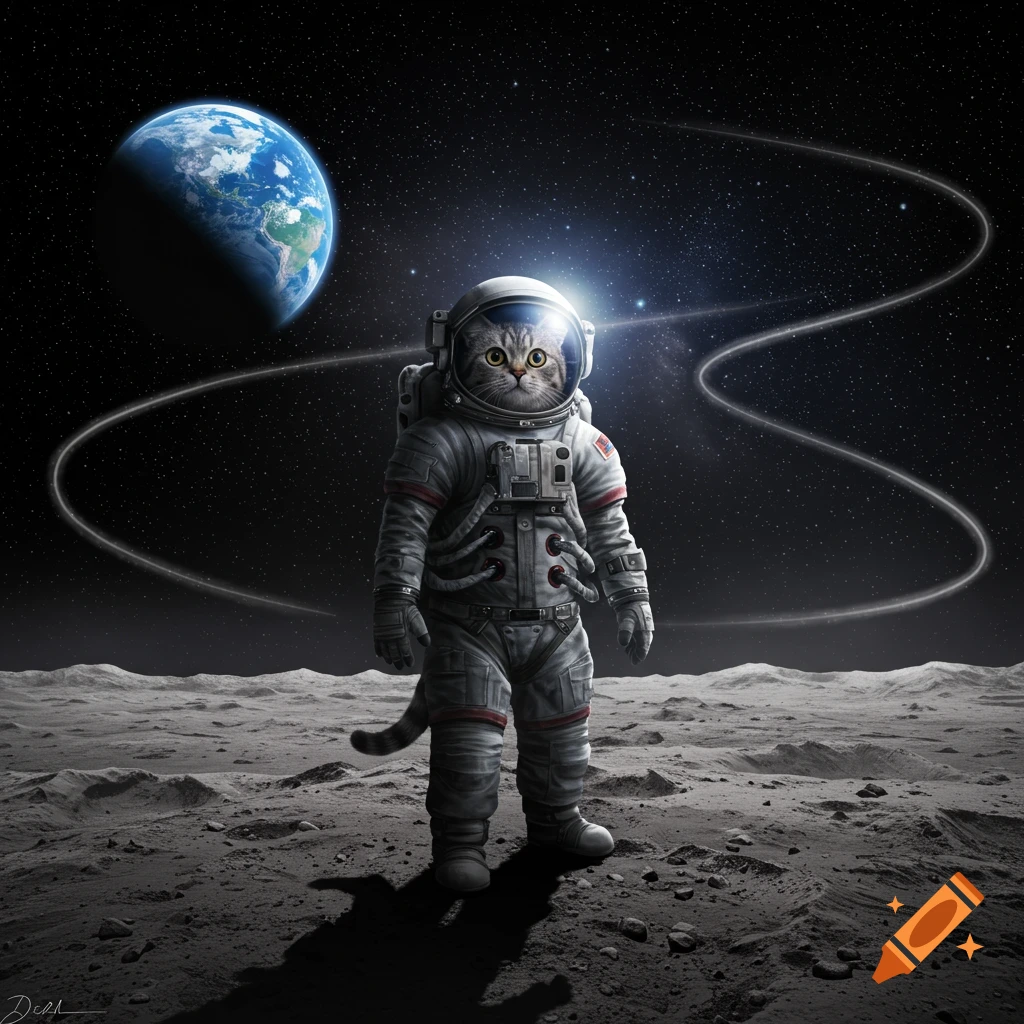 A photorealistic image of a cat in an astronaut suit standing on the moon with Earth visible in the background.