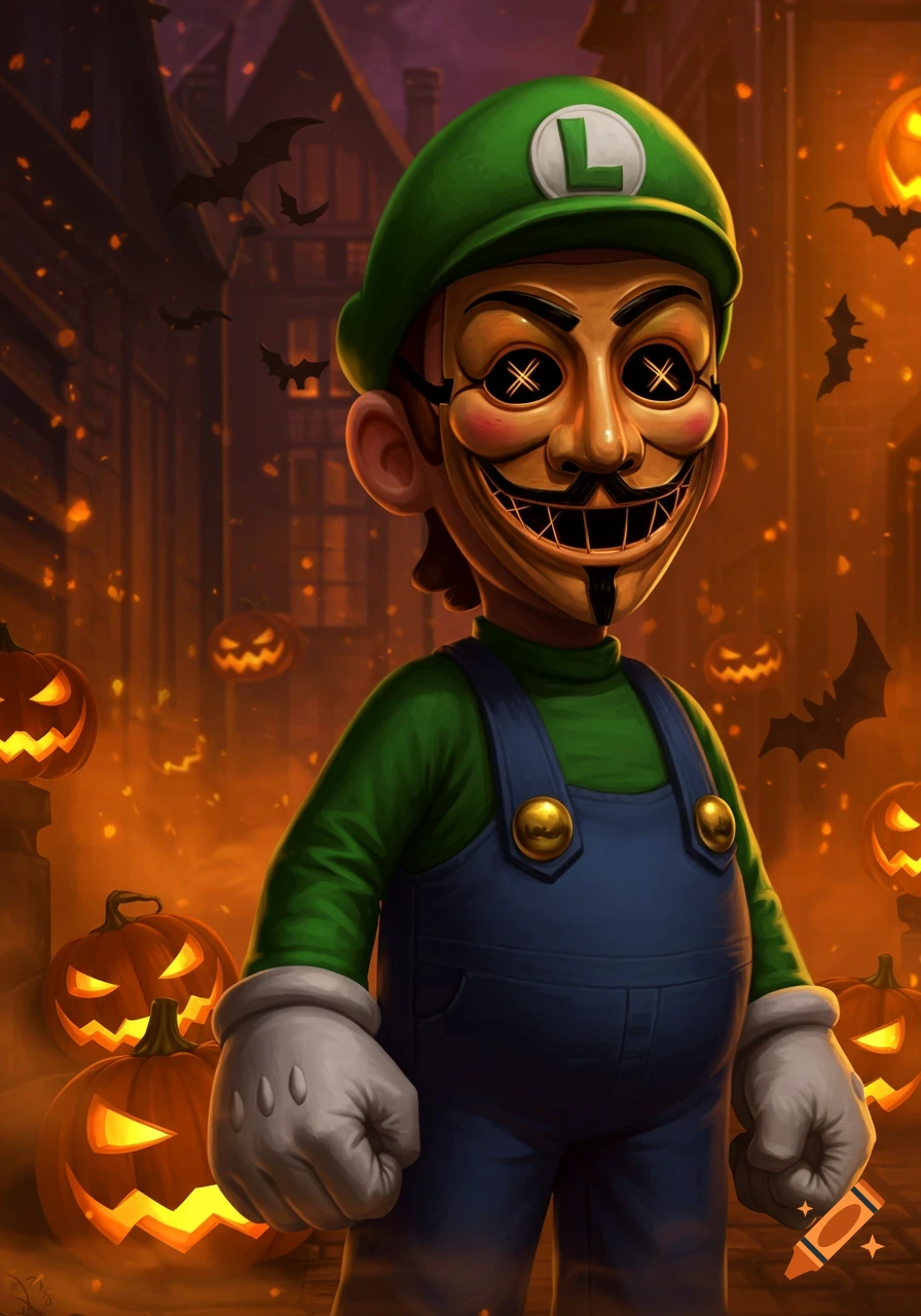Luigi in a Guy Fawkes mask stands amidst glowing jack-o'-lanterns and flying bats on a dark Halloween street, digital art.