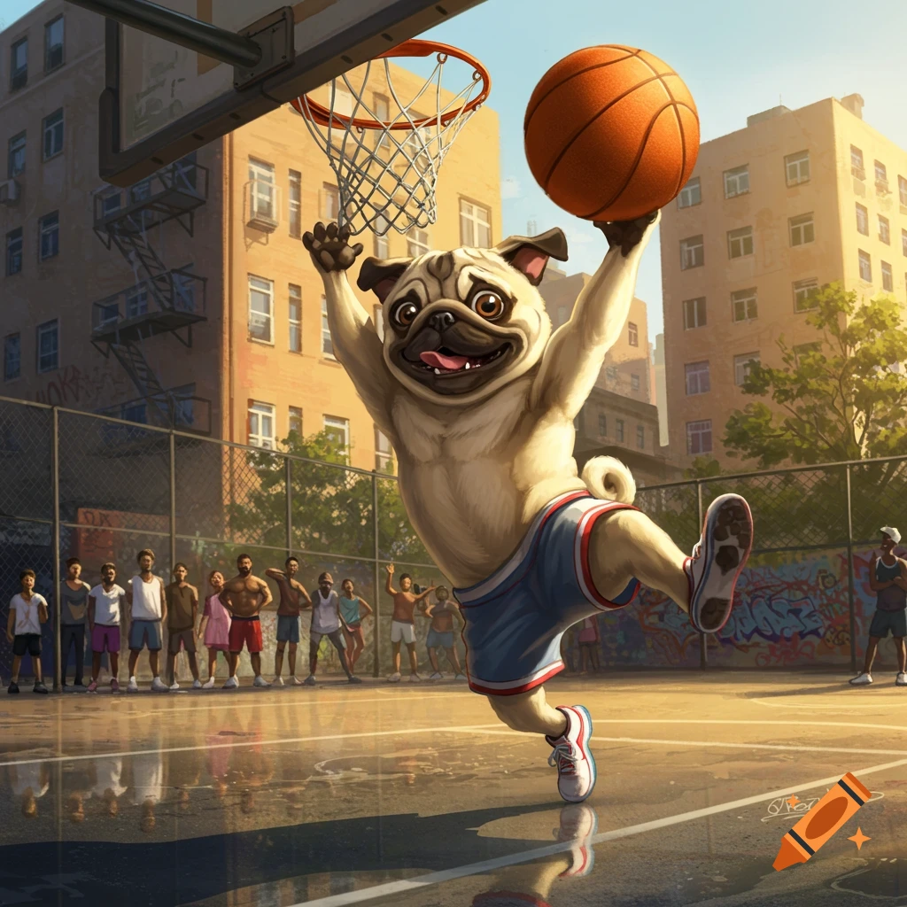 A cheerful cartoon pug in a uniform dunks a basketball on a wet urban court with onlookers.