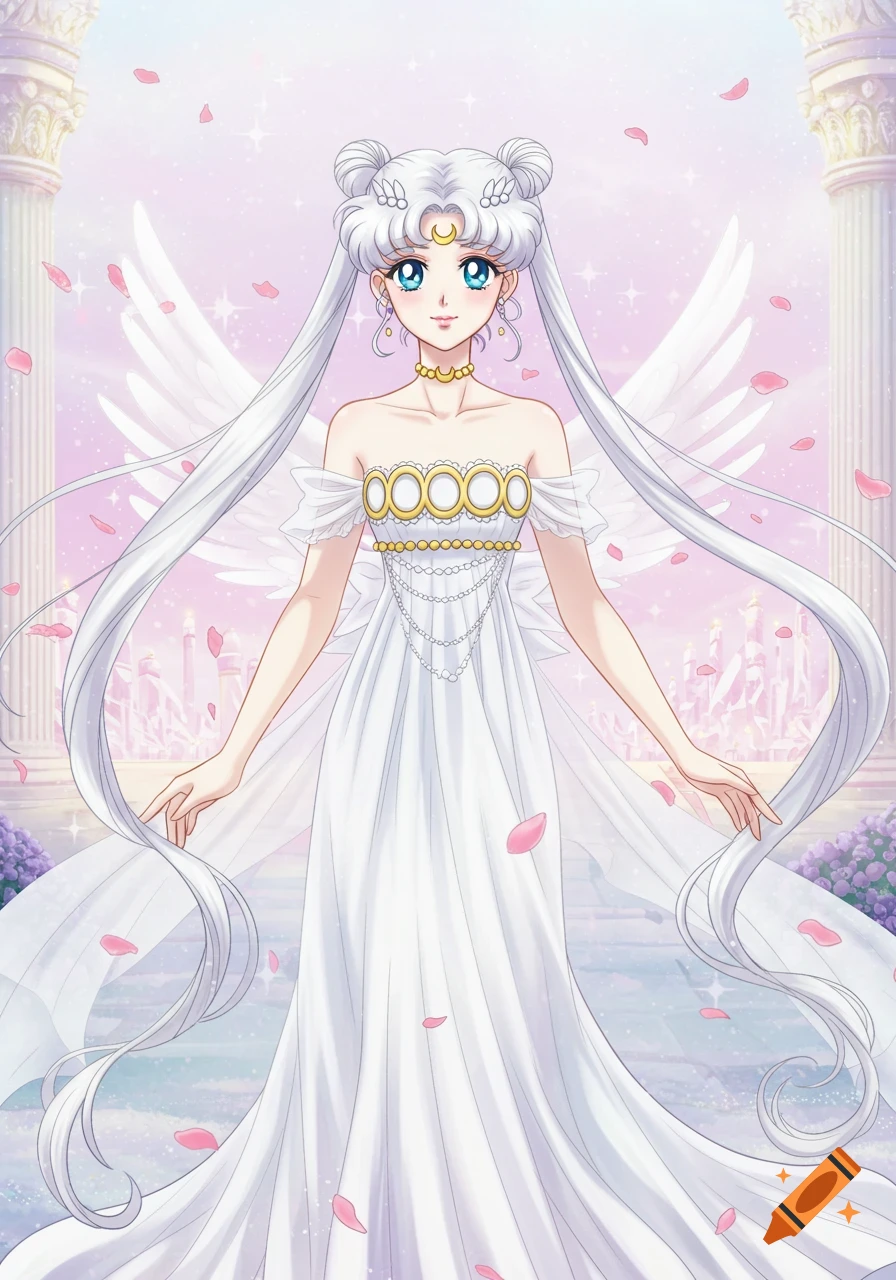 Anime character Neo Queen Serenity in a regal white gown with wings and long silver hair, in a pastel palace.