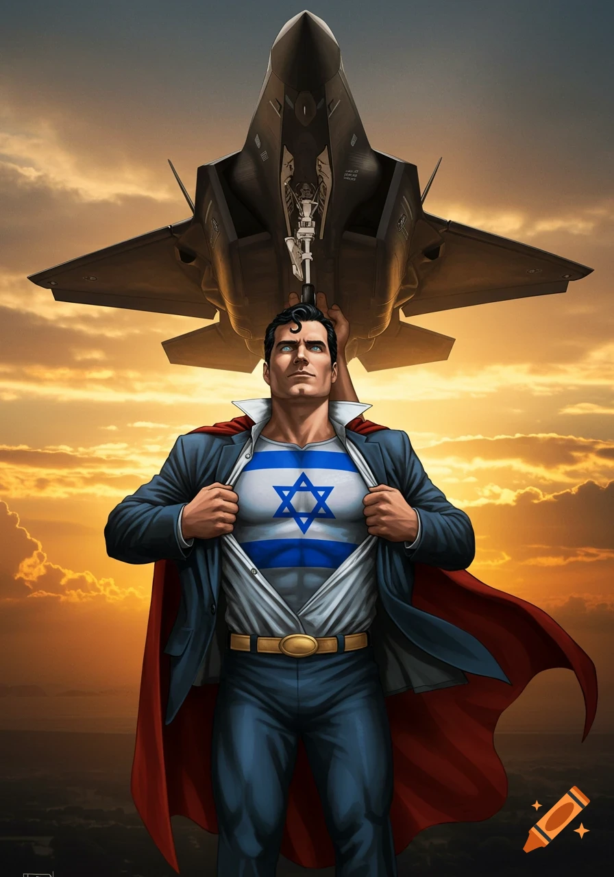 A Superman-like figure reveals an Israeli flag on his chest while holding an F-35 jet at sunset.