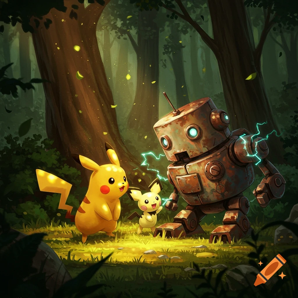 Pikachu and Pichu discover a rusty robot with electric sparks in a magical forest. Digital illustration.