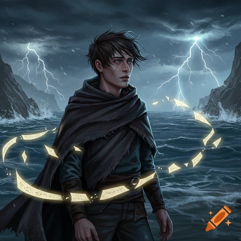 An illustrated young man with dark hair and a scar stands in a stormy sea with lightning and glowing magical papers circling him.