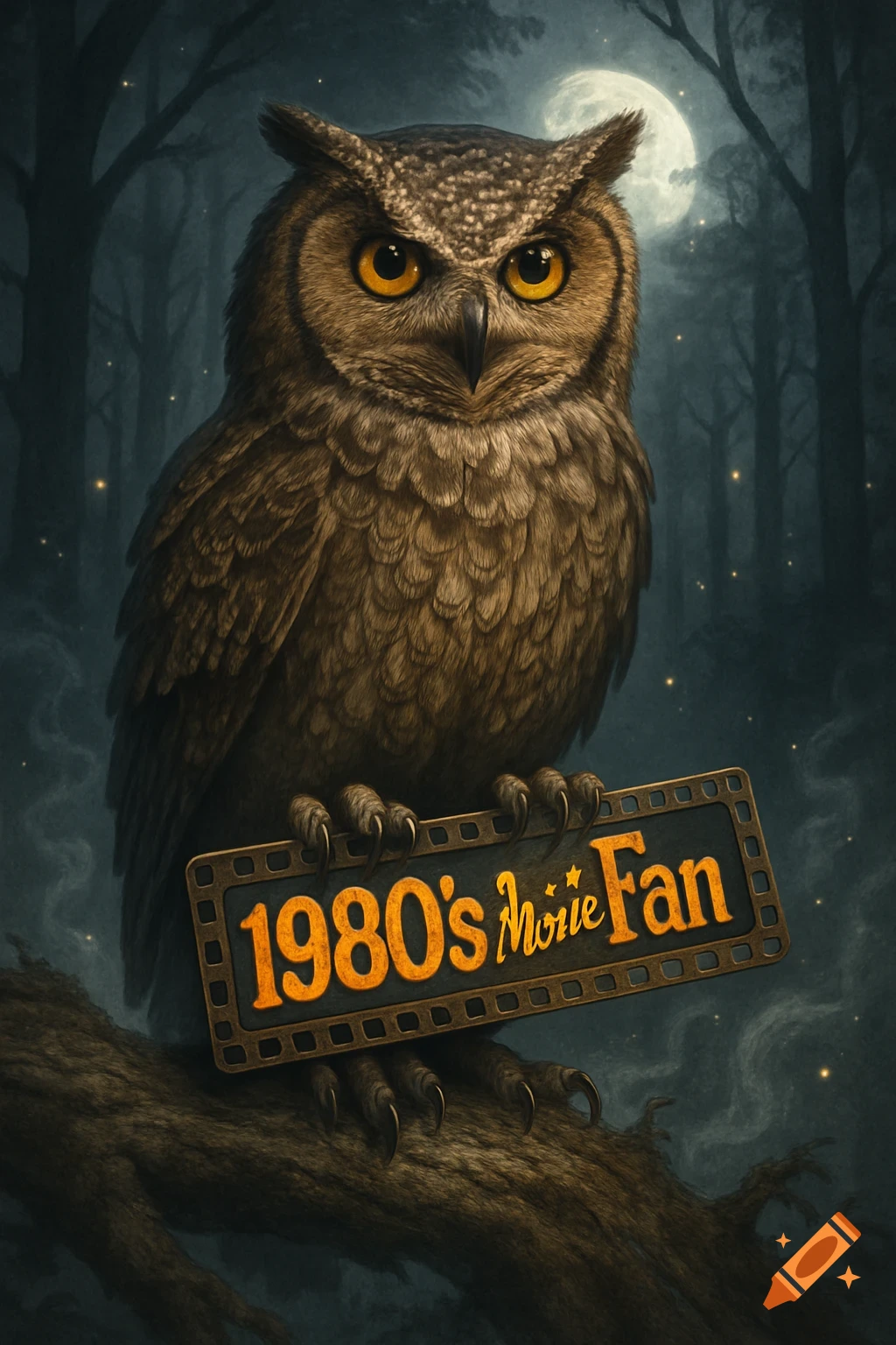A majestic owl with bright yellow eyes holds a "1980's Movie Fan" sign, perched on a branch in a dark, moonlit forest.