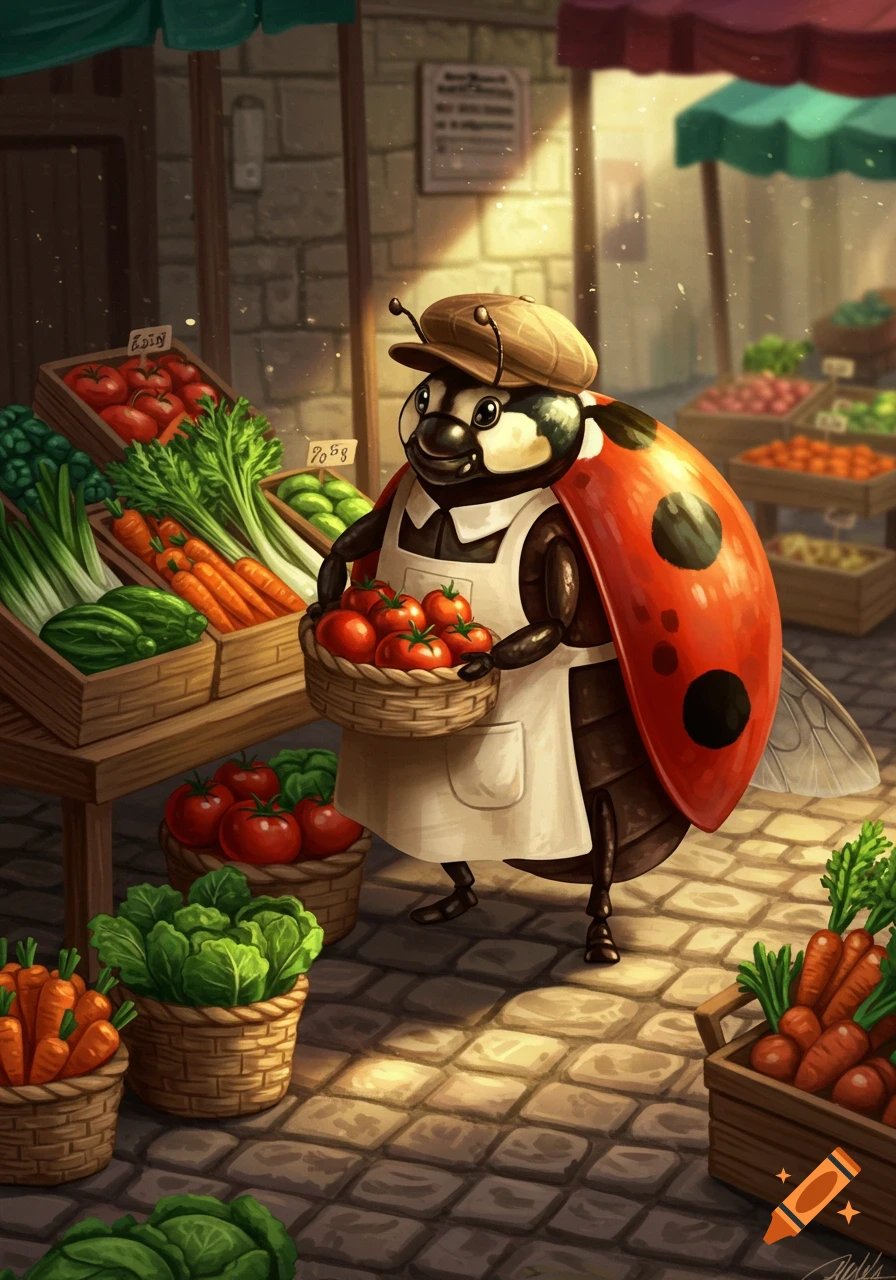 Whimsical illustration of a ladybug greengrocer wearing an apron and hat, holding a basket of tomatoes at a vibrant market stall.