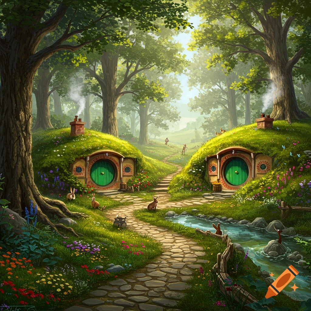 Vibrant illustration of two hobbit-like homes built into grassy hills in a lush forest with a winding stone path and stream.