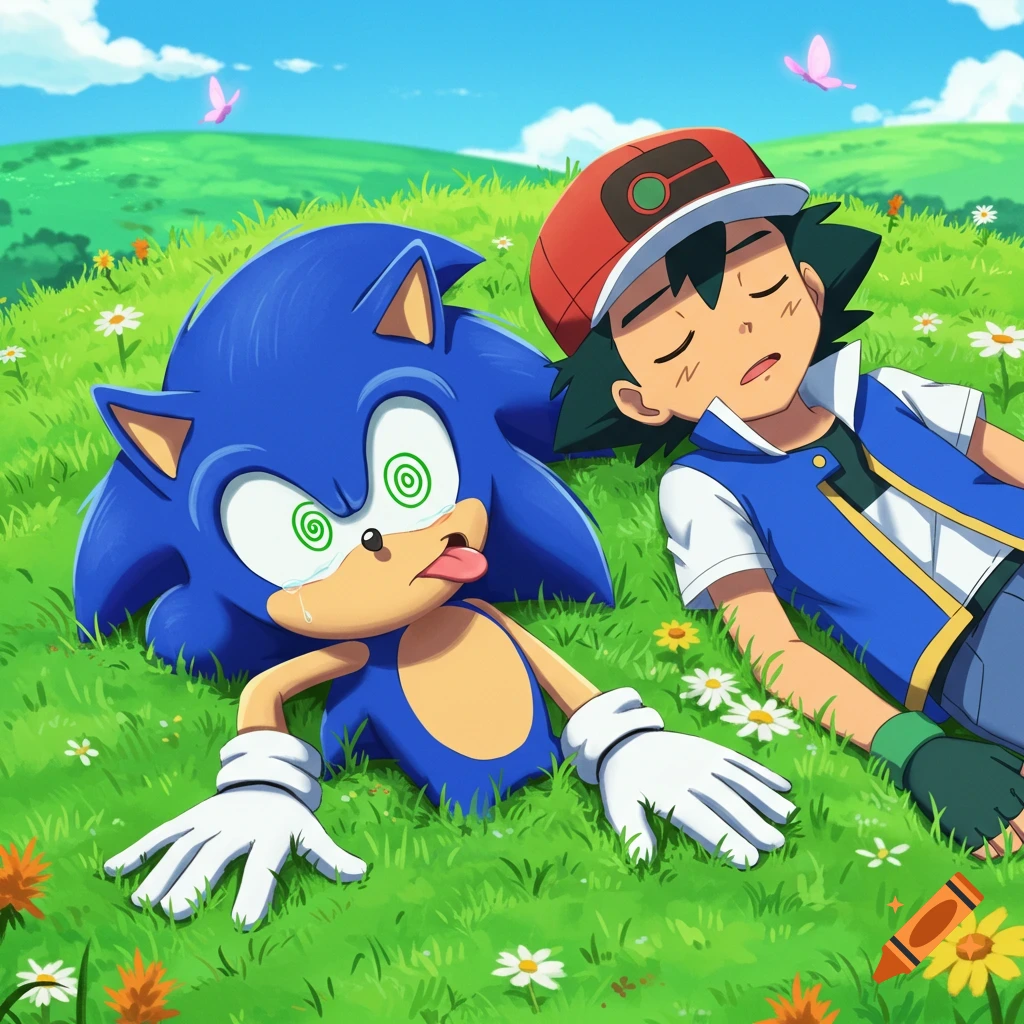 Sonic the Hedgehog with swirly eyes and Ash Ketchum with closed eyes lie exhausted in a vibrant green meadow with flowers and butterflies in an animated style.