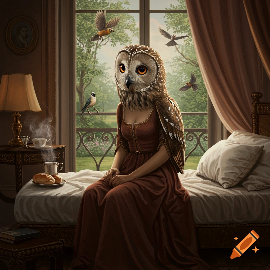 A woman with an owl's head sits on a bed in a Renaissance-style room. Outside a window, birds fly amidst green trees. On a side table, hot bread steams.