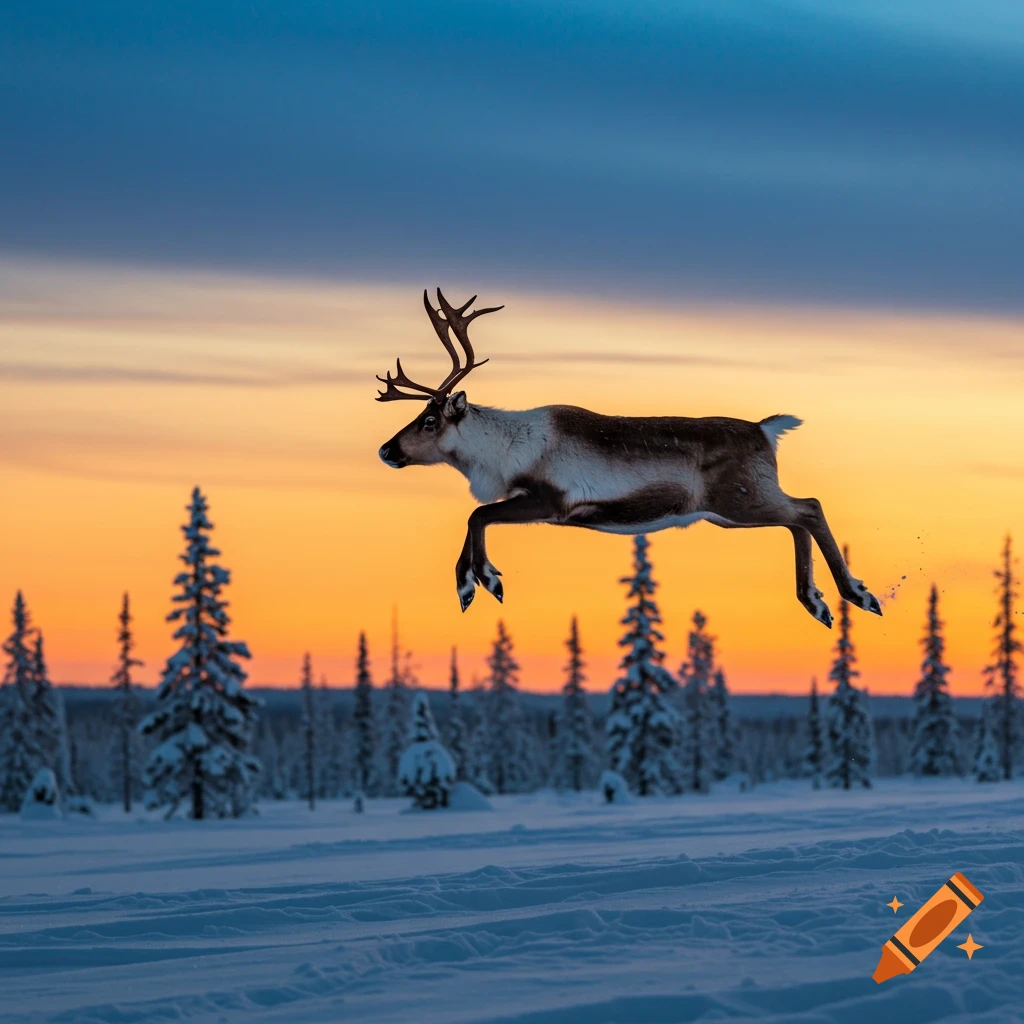 A photorealistic reindeer leaps through the air over a snowy forest at sunset.