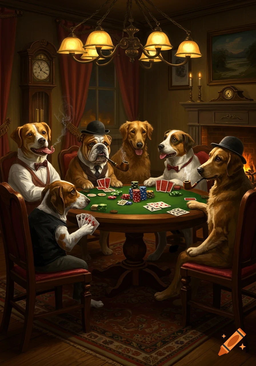 Five anthropomorphic dogs in suits and hats play poker around a table in a dimly lit, richly decorated room.