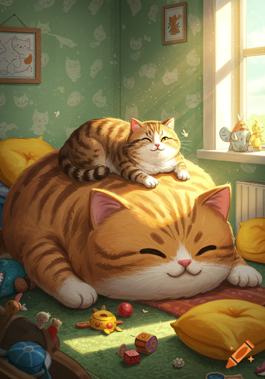 A cute, squishy, orange-and-white tabby cat lounges on a giant squishy orange cat in a sunlit room, surrounded by toys.