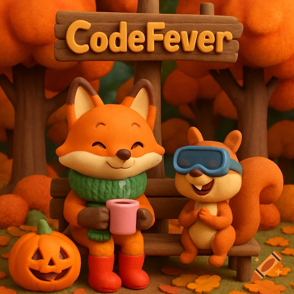 A cute 3D cartoon fox and squirrel on a bench in an autumn forest. The fox wears a green scarf and red boots, holding a pink mug. The squirrel wears blue VR goggles. A carved pumpkin sits nearby, and a sign above reads "CodeFever".