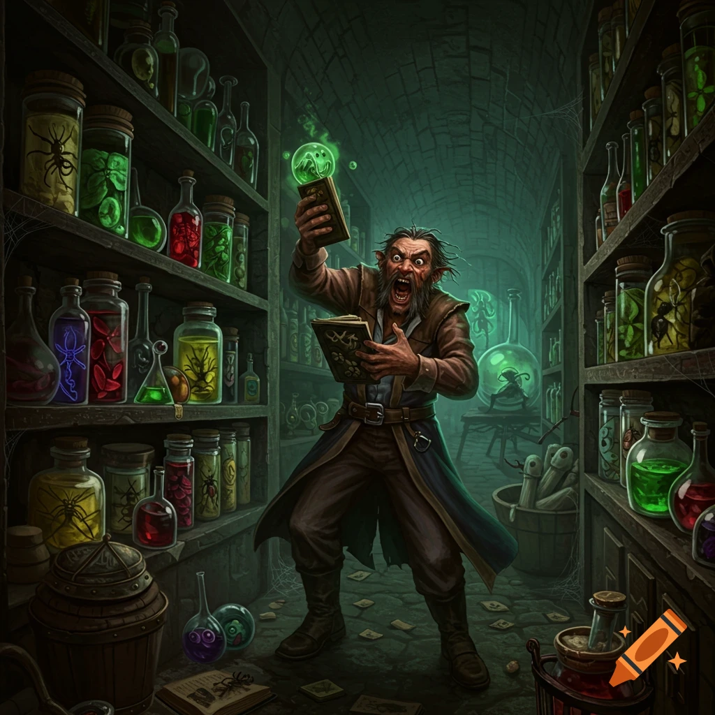 A frantic, wild-eyed alchemist with a long beard holds open two books, one glowing green, in a dark, potion-filled dungeon. Fantasy art.