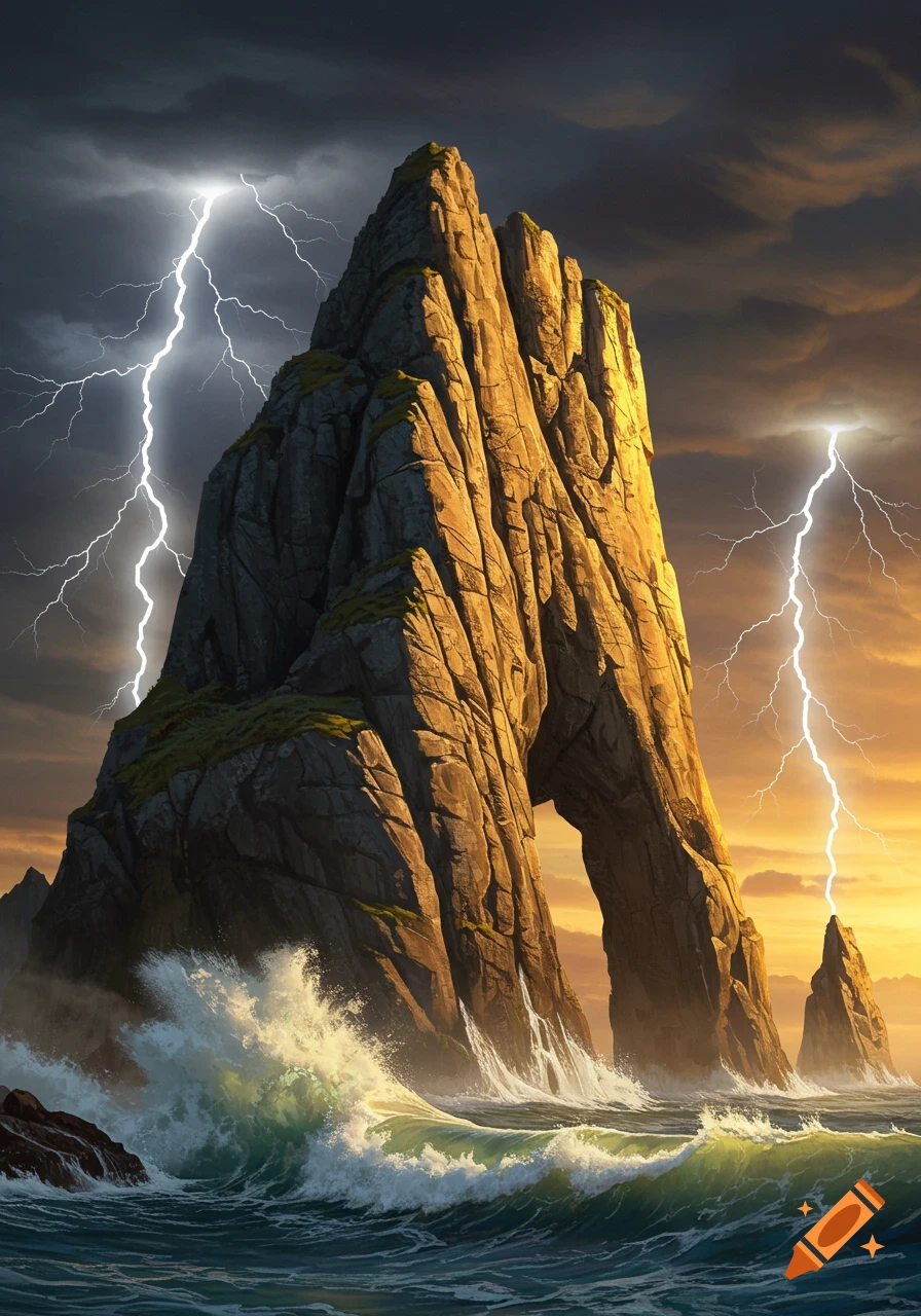 Massive sea stack rock formation in a stormy ocean with crashing waves and lightning under dark clouds.