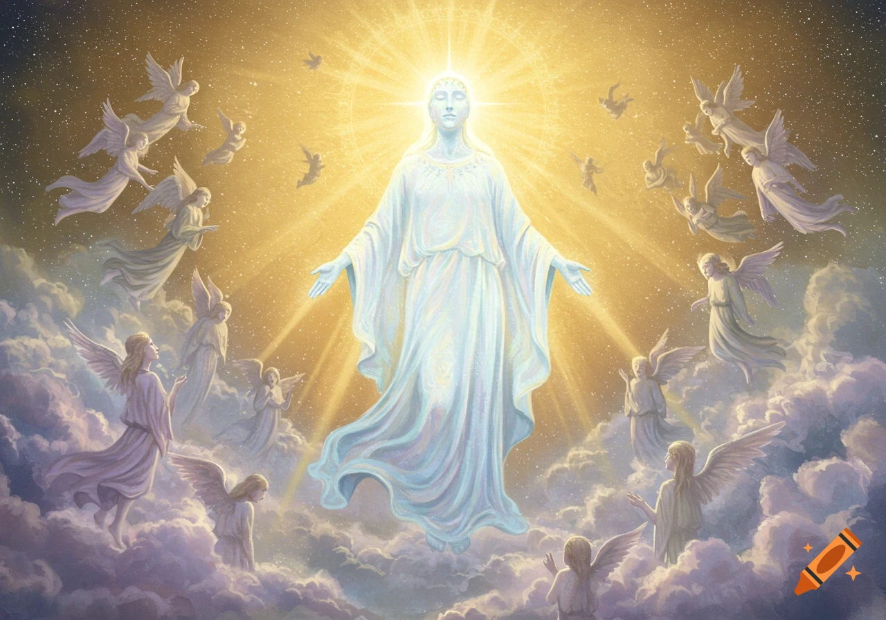 An ethereal figure glowing brightly, with arms outstretched, surrounded by numerous angels flying through golden, starry clouds.