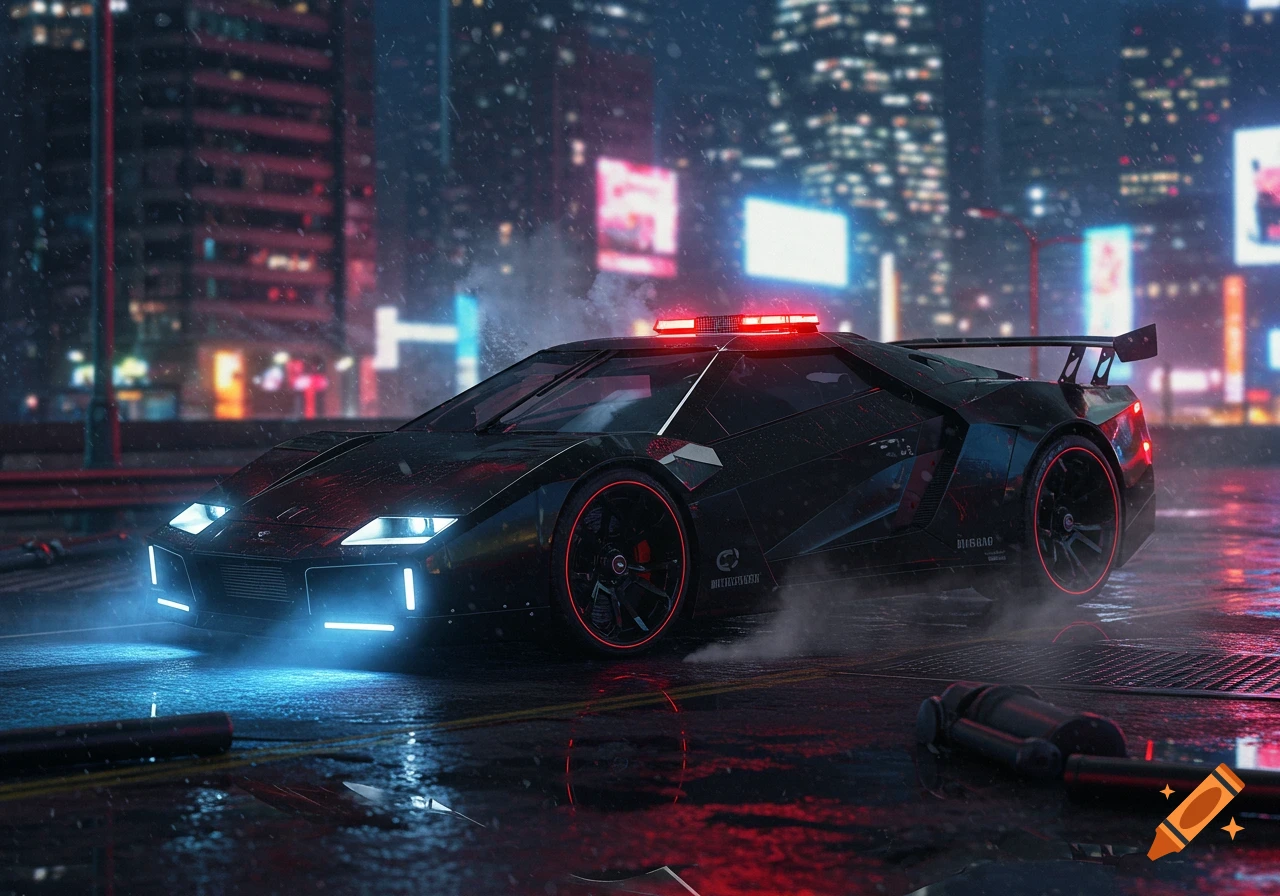 A sleek, black futuristic police car with red and blue lights sits on a wet, rainy cyberpunk city street at night, with reflections.
