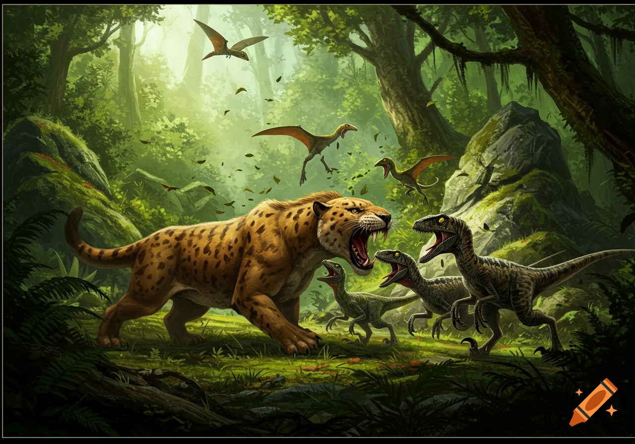 A saber-toothed tiger roars at velociraptors in a lush jungle, with pterosaurs flying overhead, in an illustrative style.