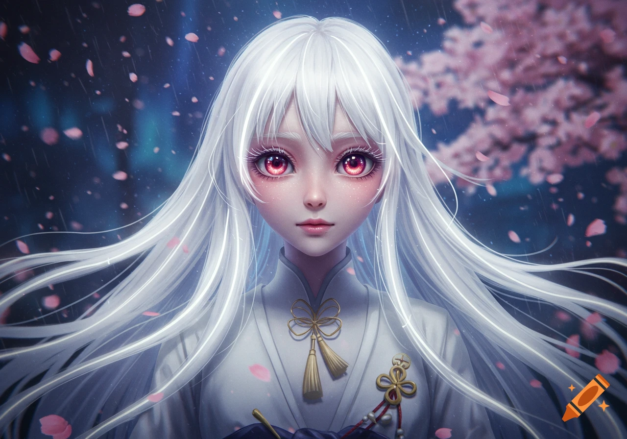 Anime girl with long white hair and gem-red eyes, wearing an ornate uniform with cherry blossom rain and auroras in the background.