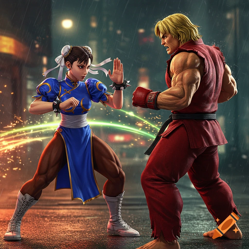 Chun-Li and Ken from Street Fighter face off in a rainy night street, rendered in a realistic style.