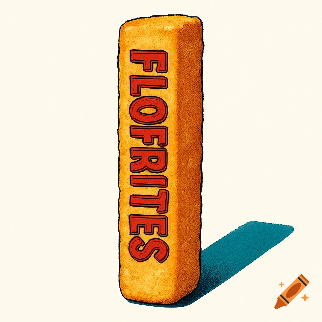 An illustrated golden french fry with the word 'FLOFRITES' written vertically in red on its side, casting a blue shadow.