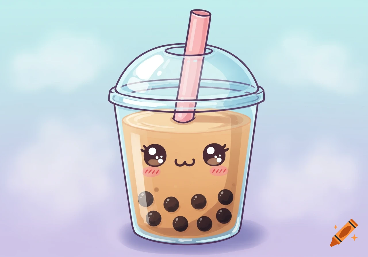 A cute cartoon boba milk tea with a smiling face, rosy cheeks, and black boba pearls, topped with a pink straw. The background is a soft ombre blend of baby blue and lavender.