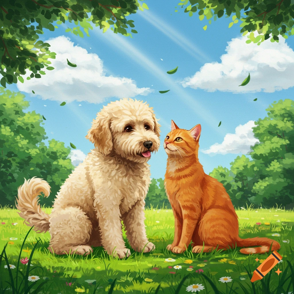 An illustrated labradoodle and an orange cat sit in a sunny, green park under a blue sky with trees.