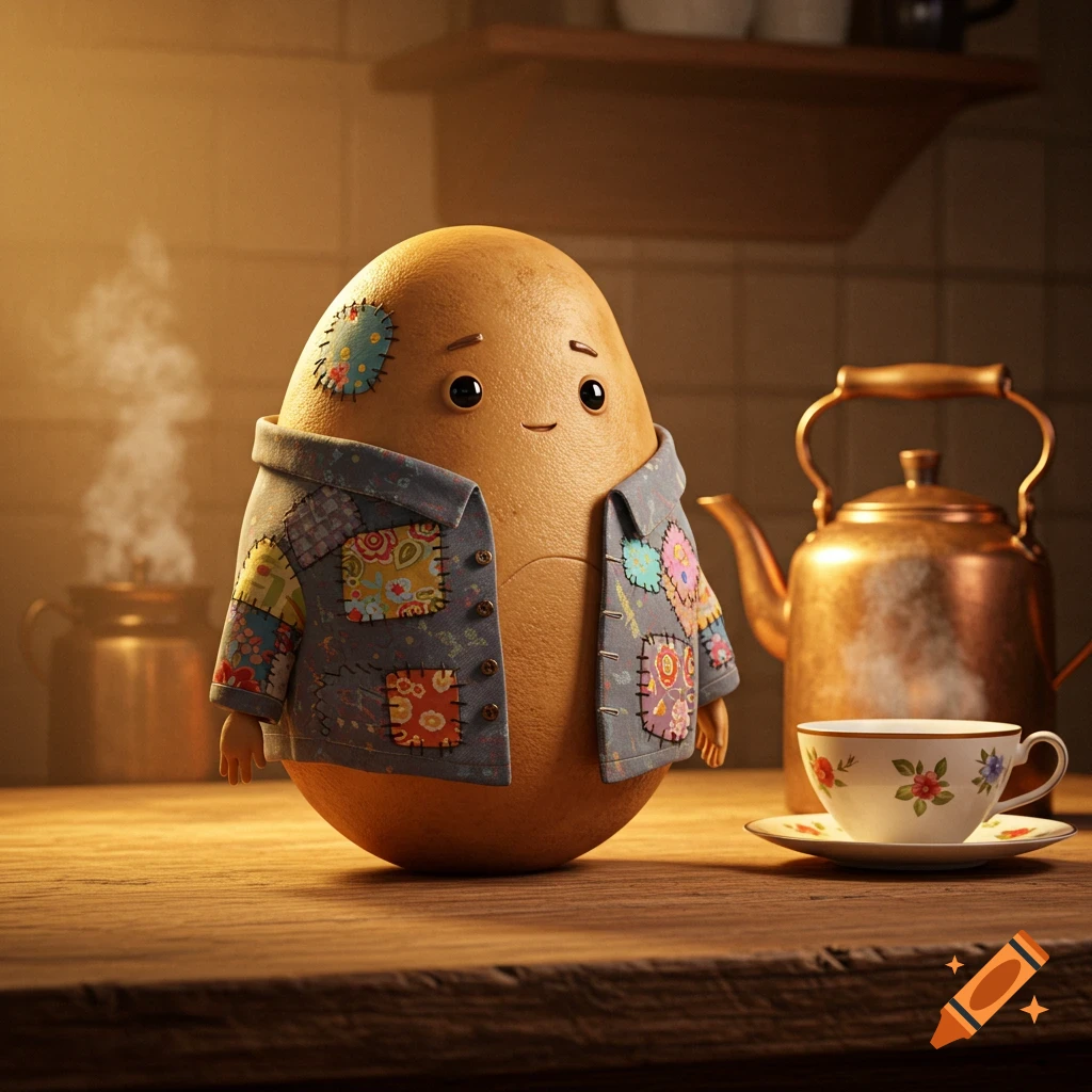 A cute, anthropomorphic potato character wearing a patchwork jacket stands on a wooden counter in a warm kitchen with a steaming kettle and teacup.