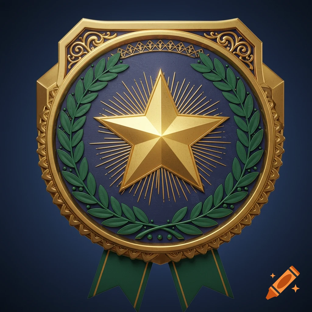 A gold and blue badge with a prominent gold star at its center, surrounded by green laurel leaves and intricate gold borders, with green ribbons dangling below.