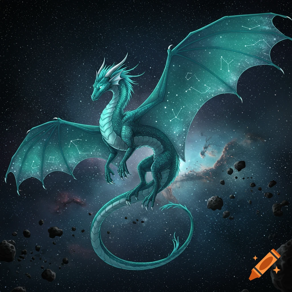 A teal fantasy dragon with constellation patterns on its wings flies through a starlit space scene with nebulae and asteroids.