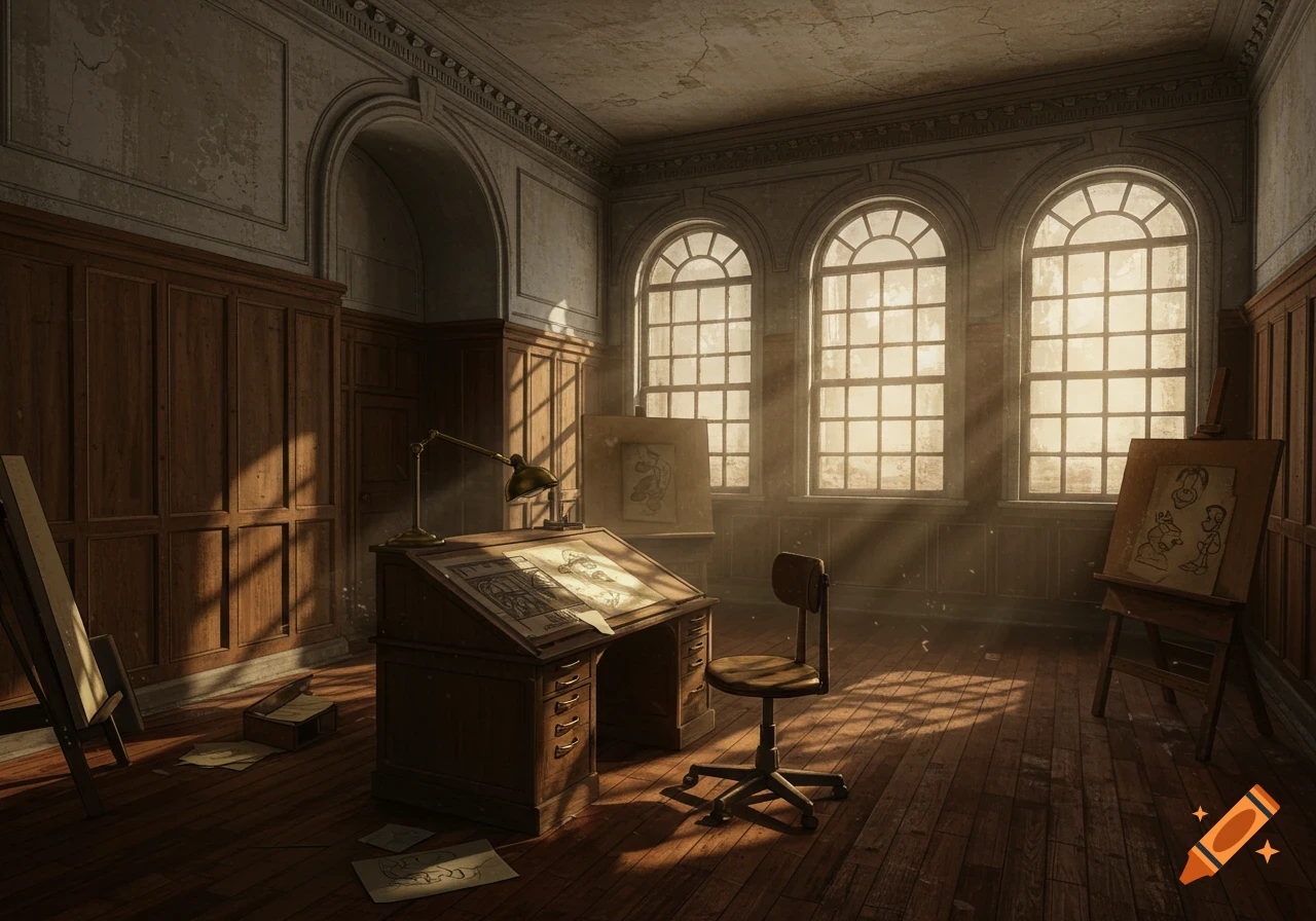 Sunlit, abandoned 1920s animation studio interior with wood walls, drafting desk, and easel by arched windows.