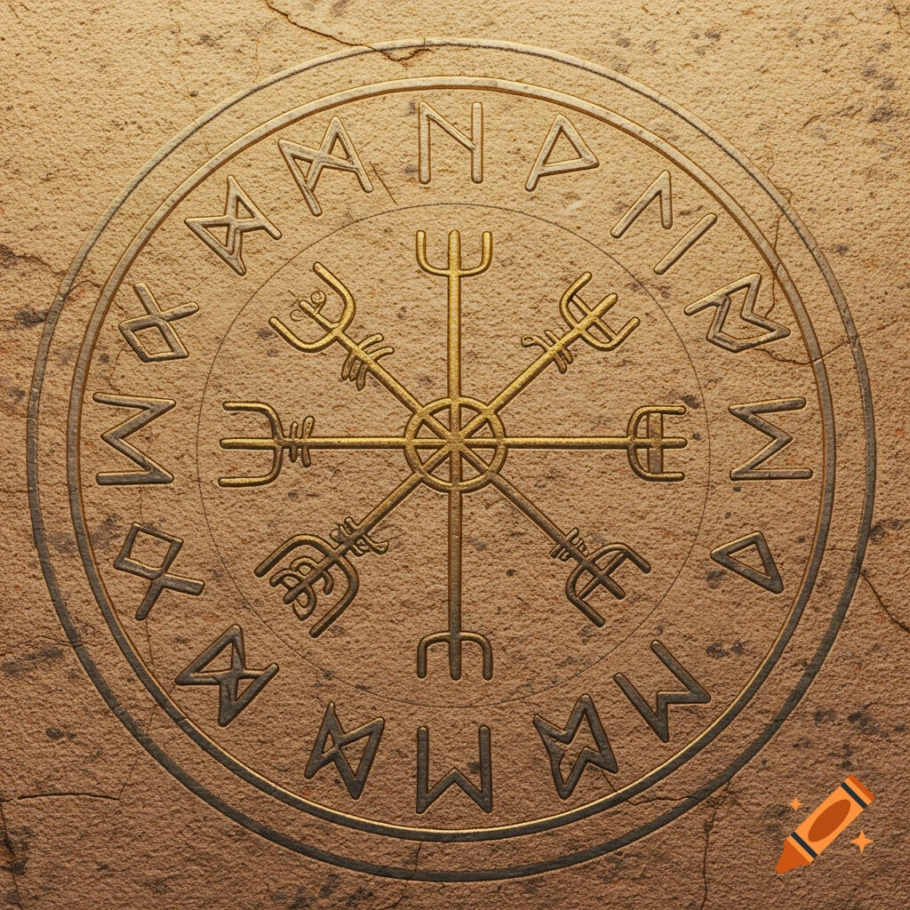 A golden Vegvisir-like bindrune symbol at the center of a circular design, surrounded by engraved Elder Futhark runes on a textured, cracked stone tablet.