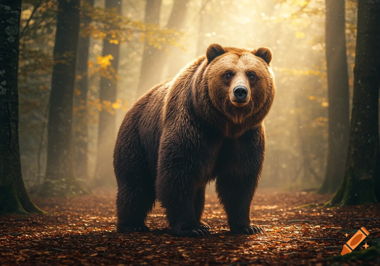 A majestic brown bear stands centered in a sunlit forest with fallen autumn leaves, looking directly forward.