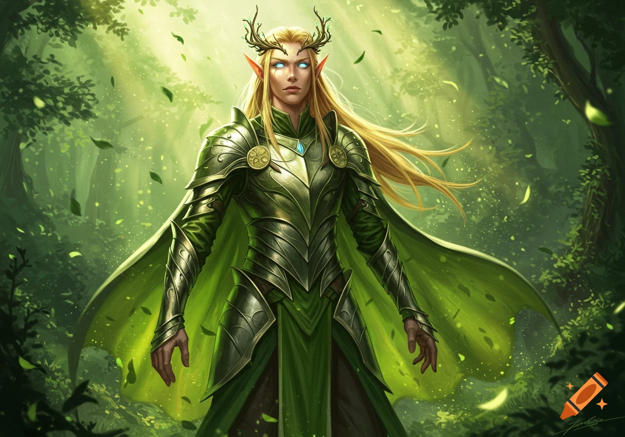 A blonde elf warrior with glowing blue eyes and antlers wears green and silver armor and a cape in an enchanted forest.