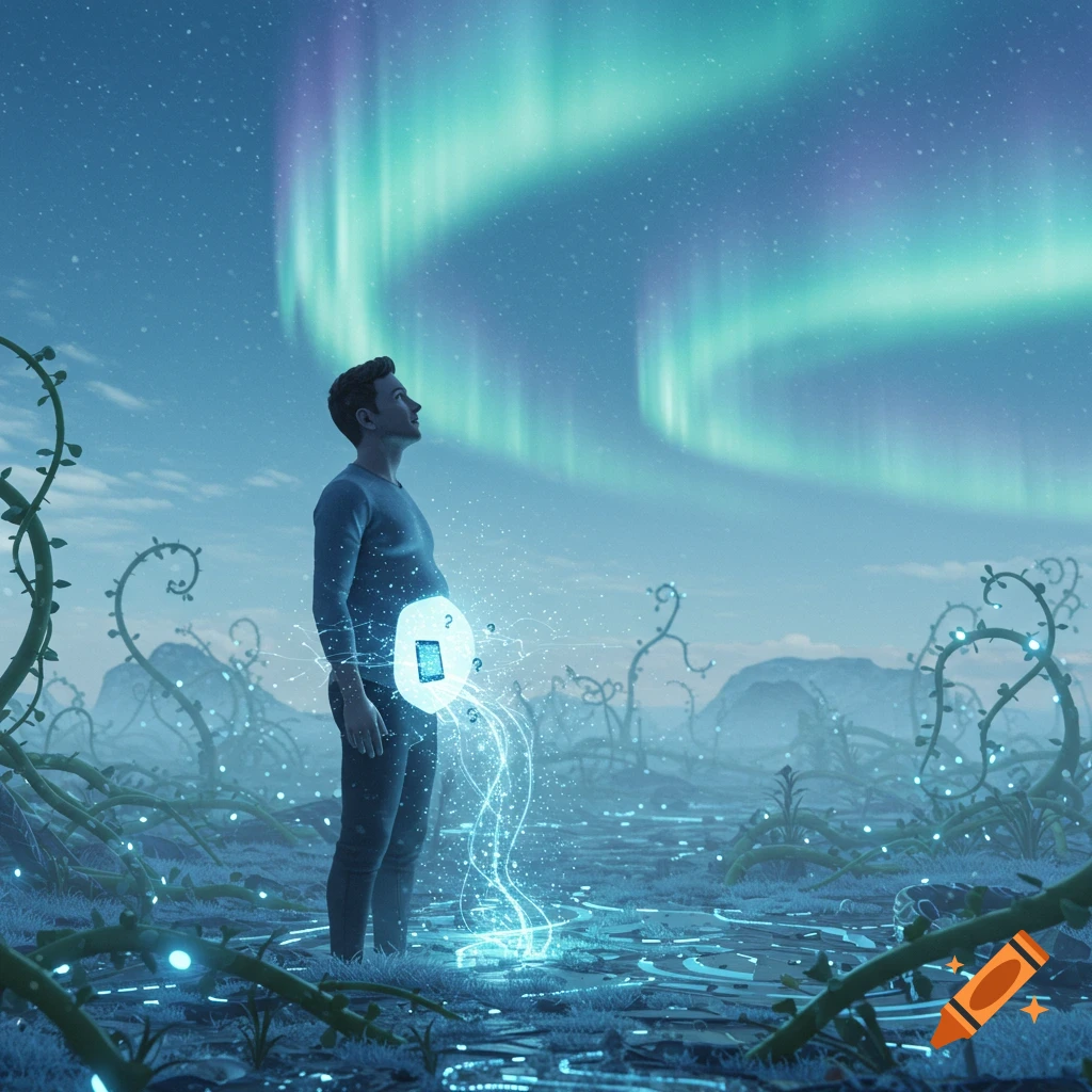Man stands in a glowing, surreal landscape under an aurora, with a radiant disc-like object at his abdomen.