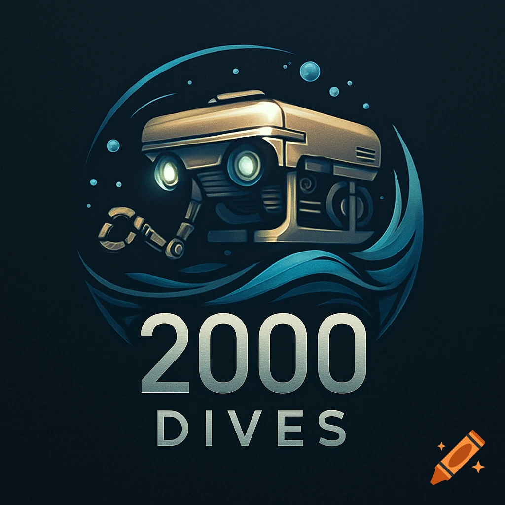 Logo of a gold and blue ROV surrounded by stylized waves, with '2000 DIVES' text below, on a dark background.