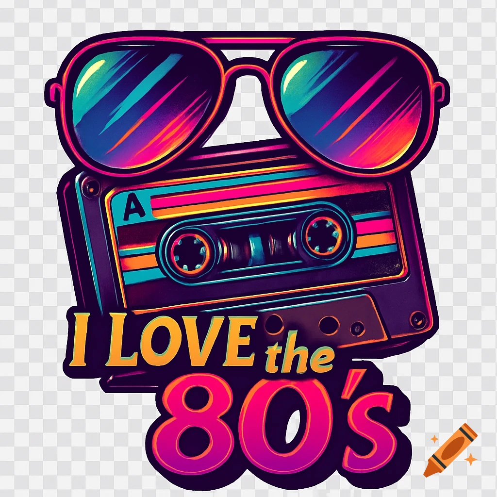 A vibrant 80s themed graphic with reflective sunglasses, a colorful cassette tape, and "I LOVE the 80's" text.