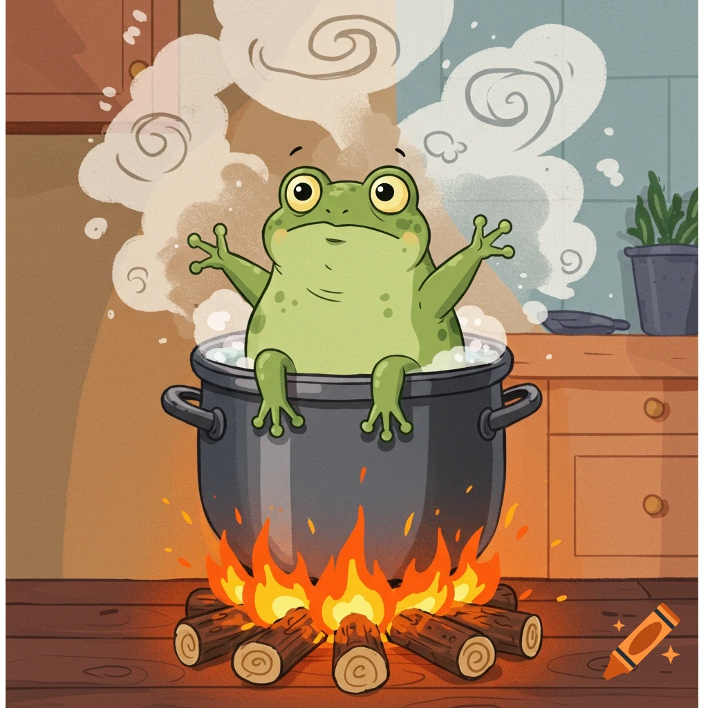 A surprised cartoon frog sits in a pot of boiling water over a campfire in a kitchen, with steam rising.