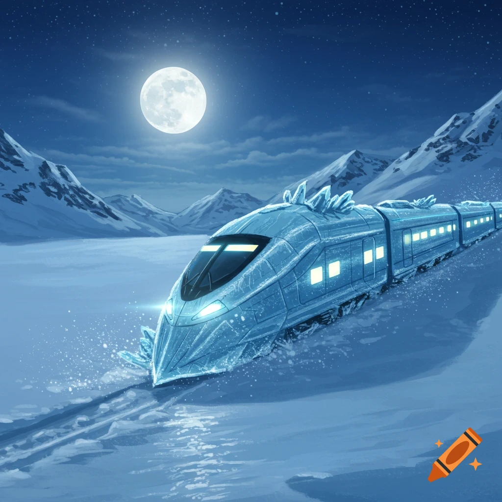 An ice-covered train with glowing windows moves through a snowy mountain landscape at night under a full moon.