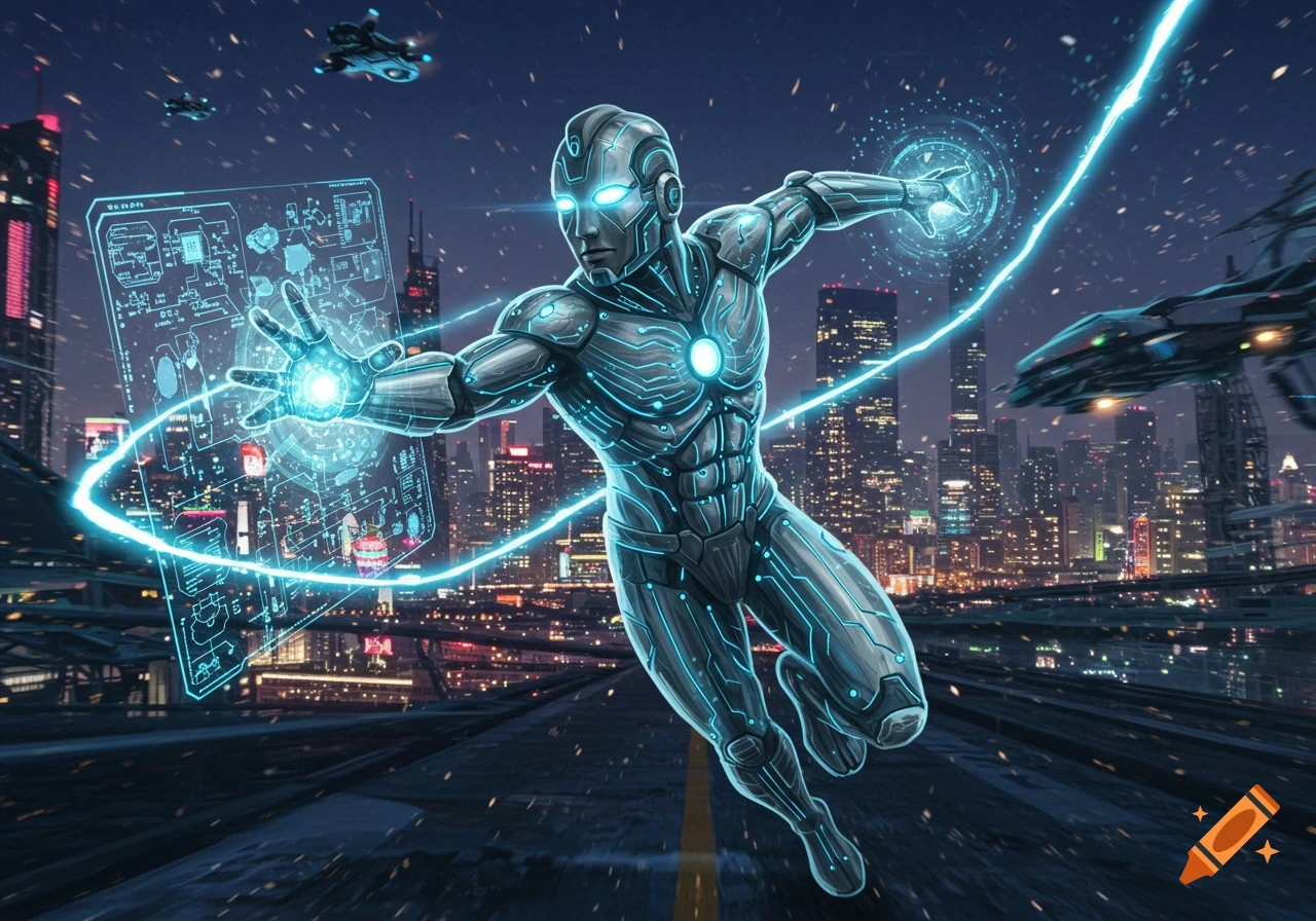 A futuristic electronics engineer superhero in a metallic suit with glowing blue circuits, manipulating a holographic schematic in a dynamic pose over a cityscape at night.