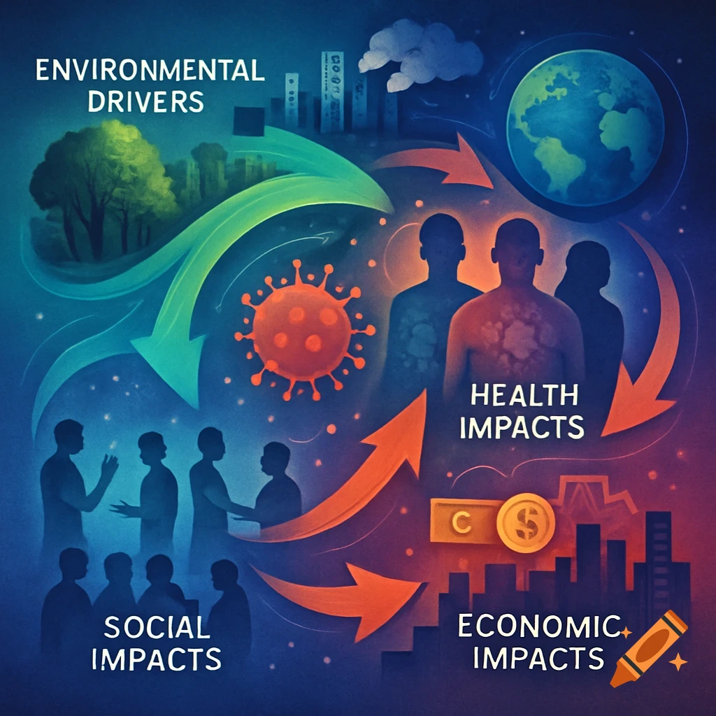 A conceptual diagram illustrating interconnected impacts of environmental drivers on health, social, and economic aspects, with a virus symbol.