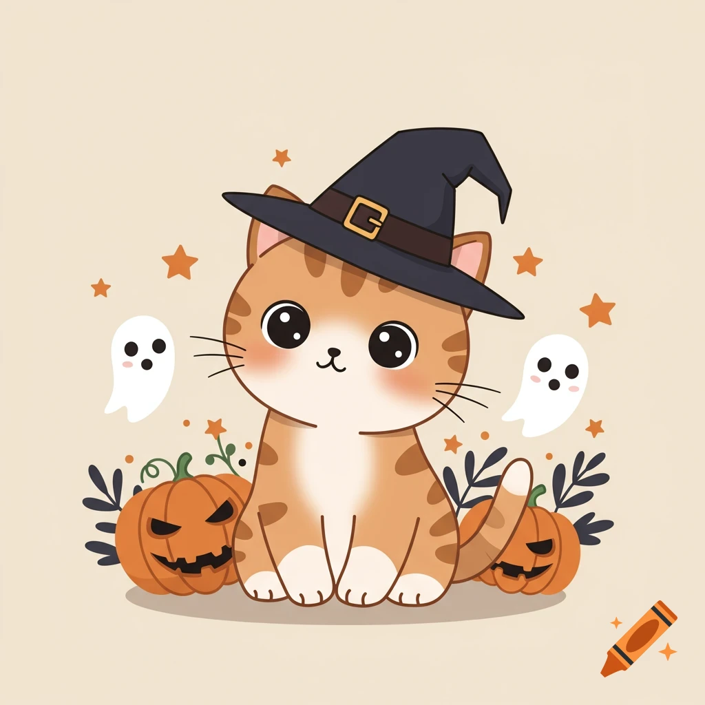 Cute cartoon tabby cat wearing a witch hat, sitting among pumpkins and ghosts, Halloween theme.