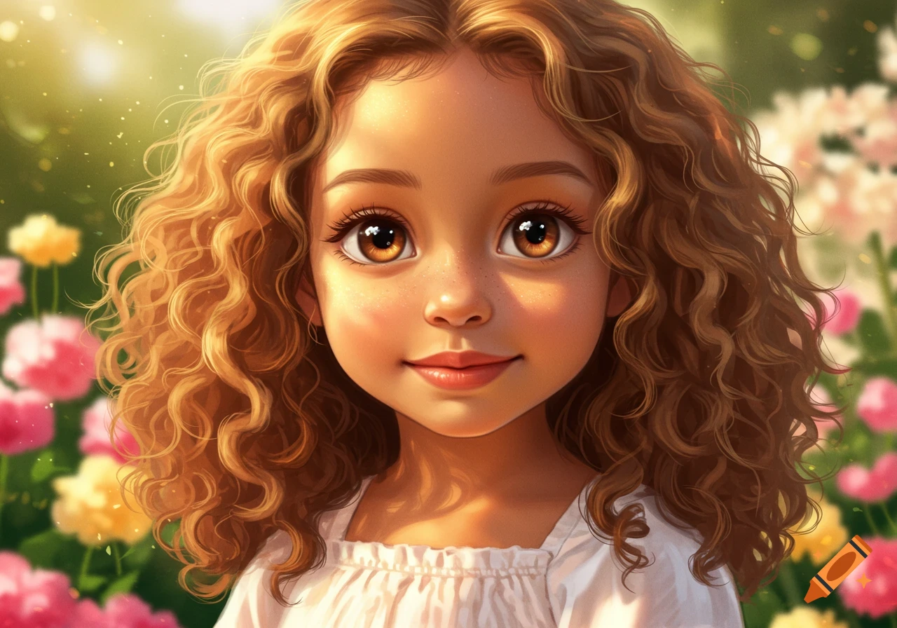 A stylized digital illustration of a cute young girl with big brown eyes and curly golden-brown hair, smiling in a sunny, flowery garden.